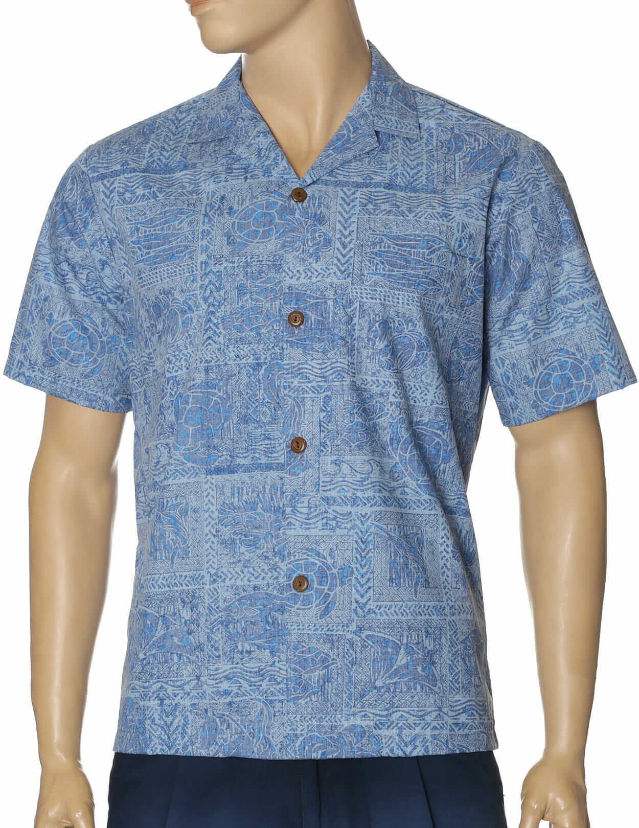 Tapa Poly Cotton Aloha Shirt Light Blue
