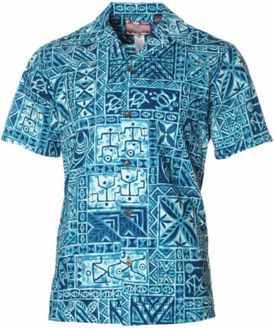 Tribal Men Cotton Aloha Shirt Aqua