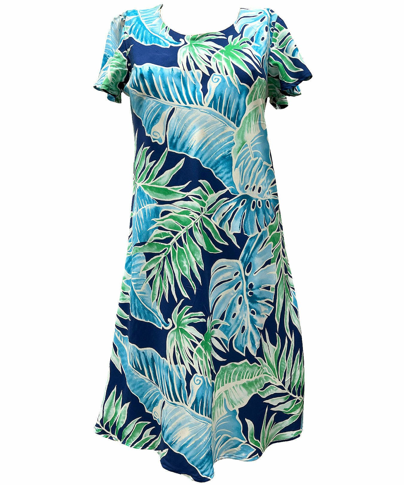 Palms Rayon Dress with Cap Sleeves Navy