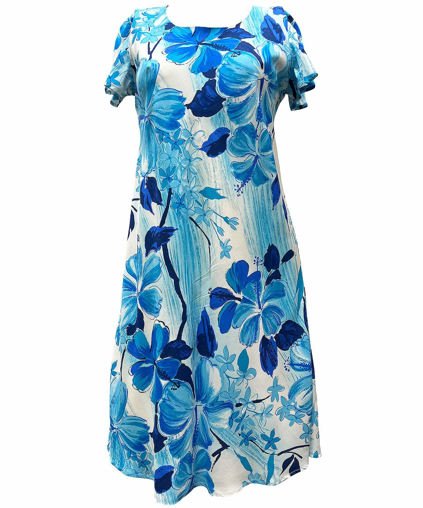 Hibiscus Watercolor Dress with Cap Sleeves Blue