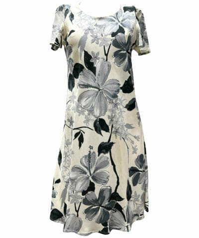 Hibiscus Watercolor Dress with Cap Sleeves Gray