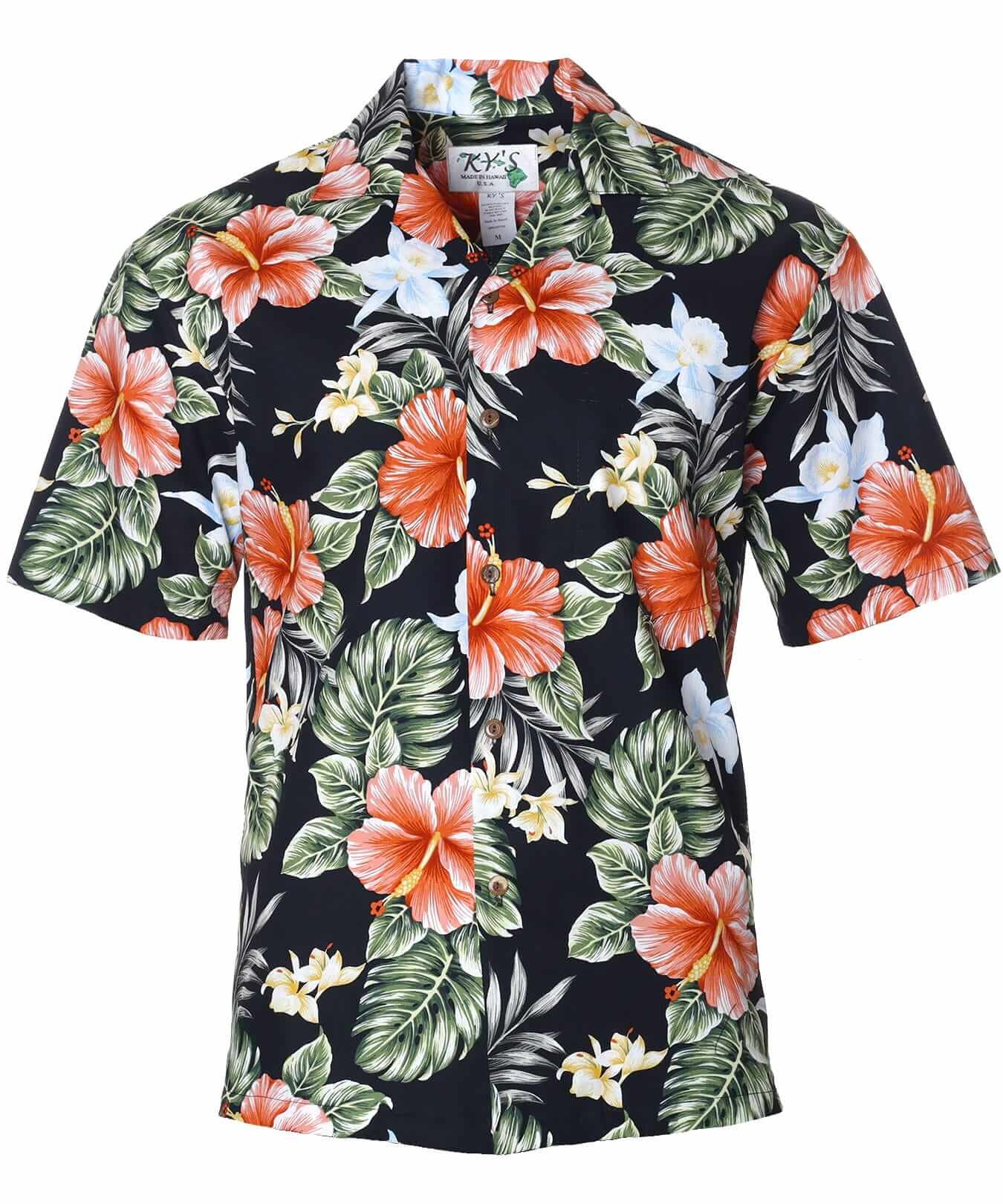 Men Hawaiian Cotton Hibiscus Shirt Black