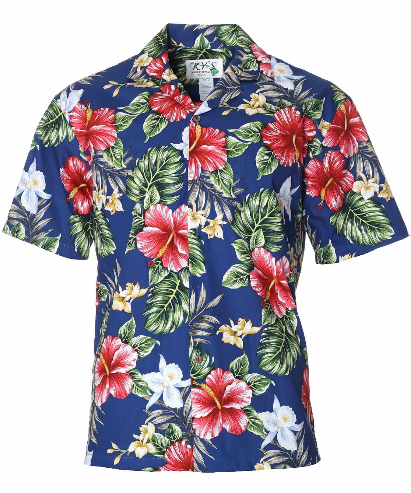 Men Hawaiian Cotton Hibiscus Shirt Navy