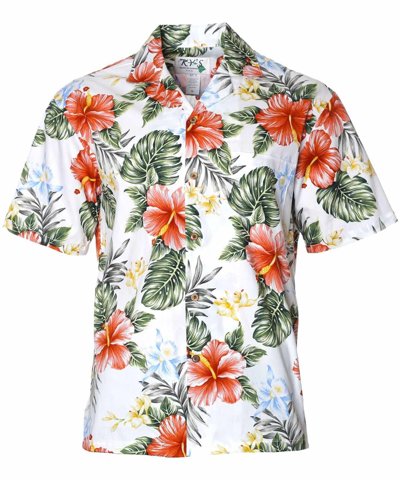 Men Hawaiian Cotton Hibiscus Shirt White