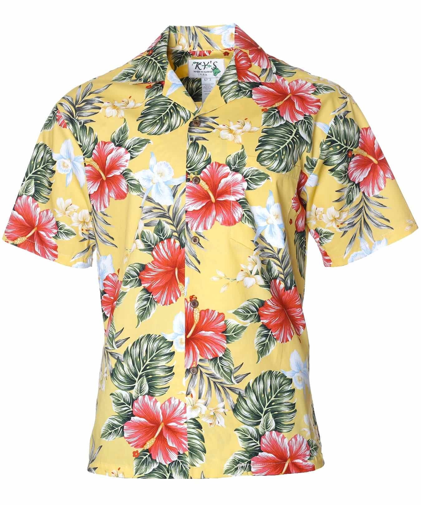 Men Hawaiian Cotton Hibiscus Shirt Yellow