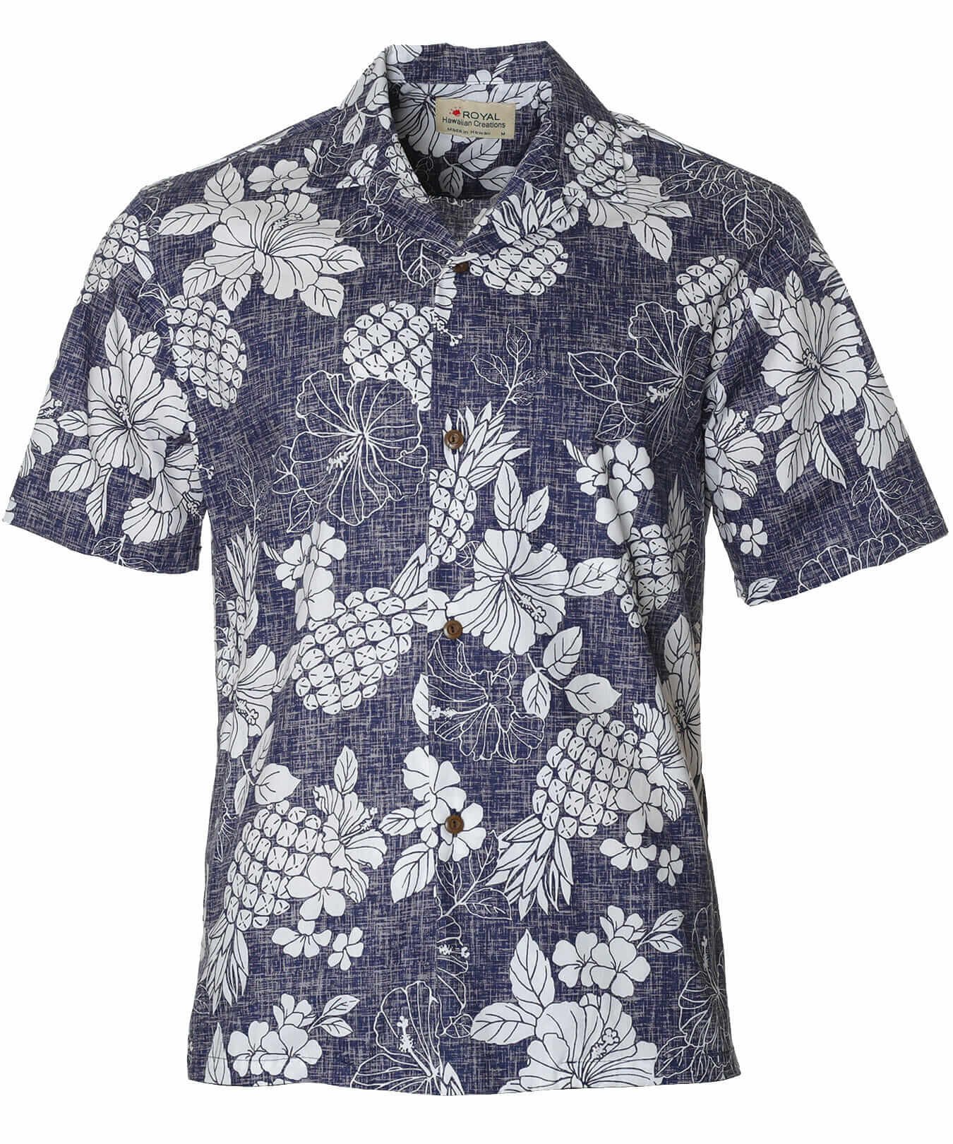 Men Pineapple Cotton Aloha Shirt Navy