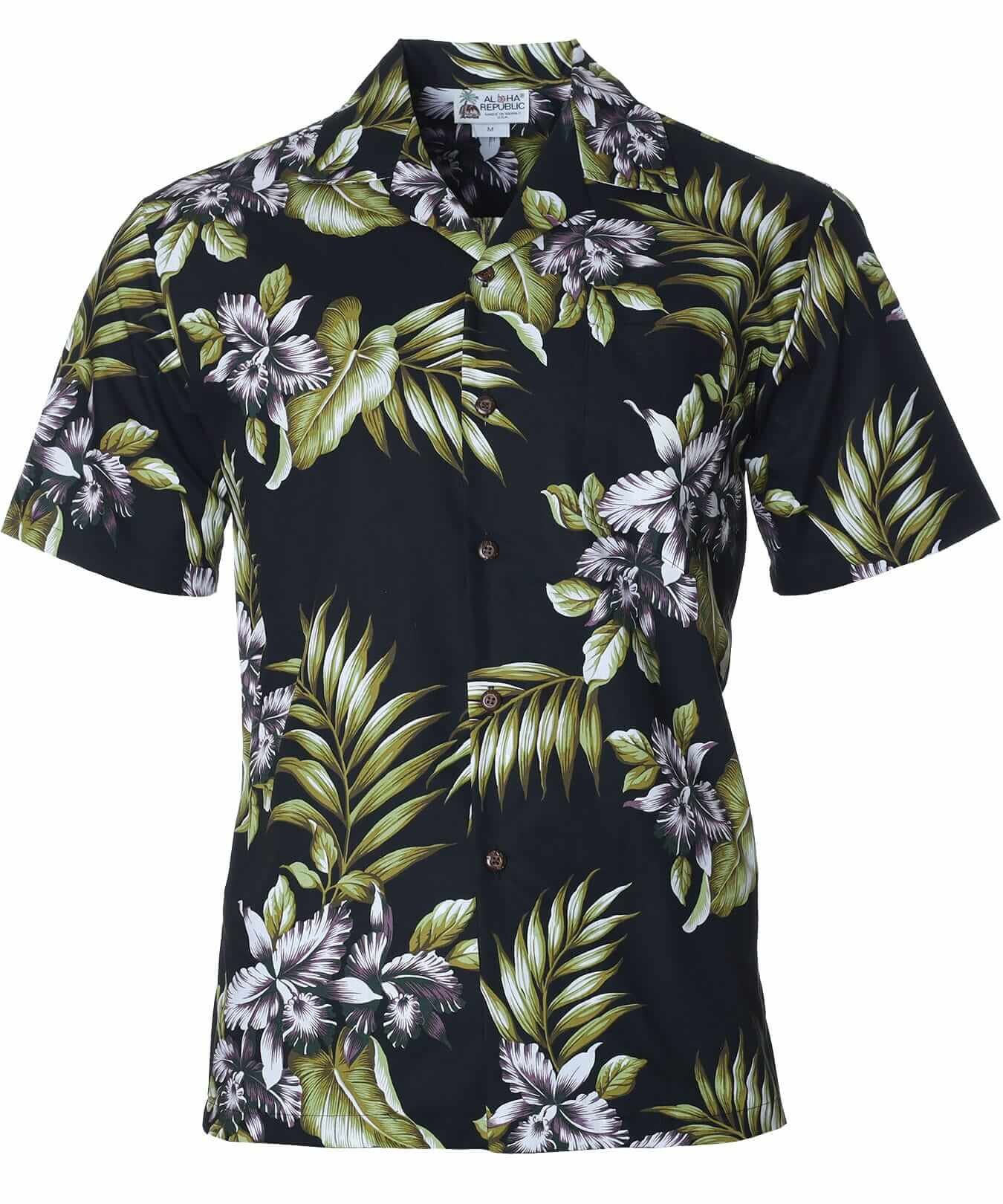 Orchids Cotton Men's Aloha Shirt Black