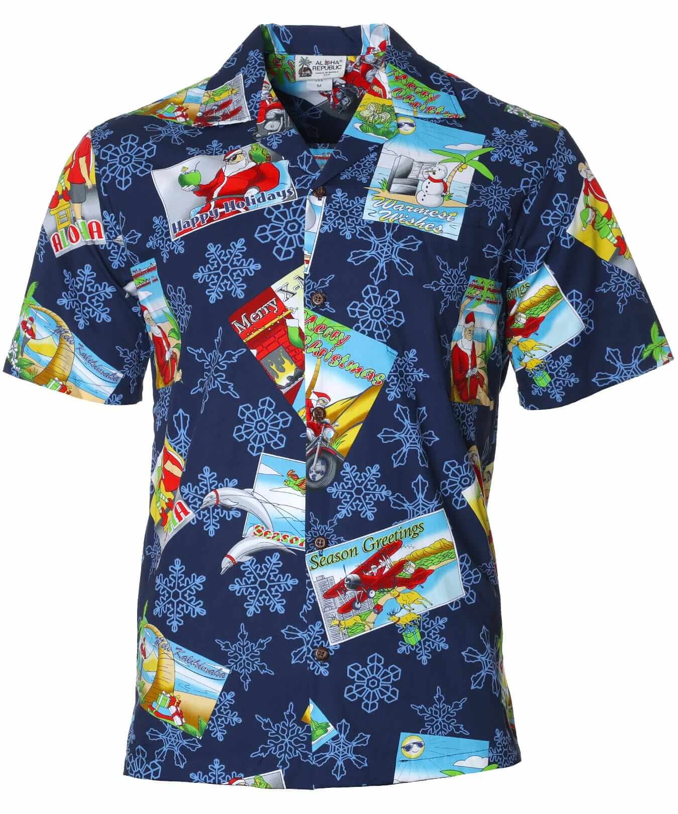 Mele Kalikimaka Cotton Aloha Christmas Shirt Navy