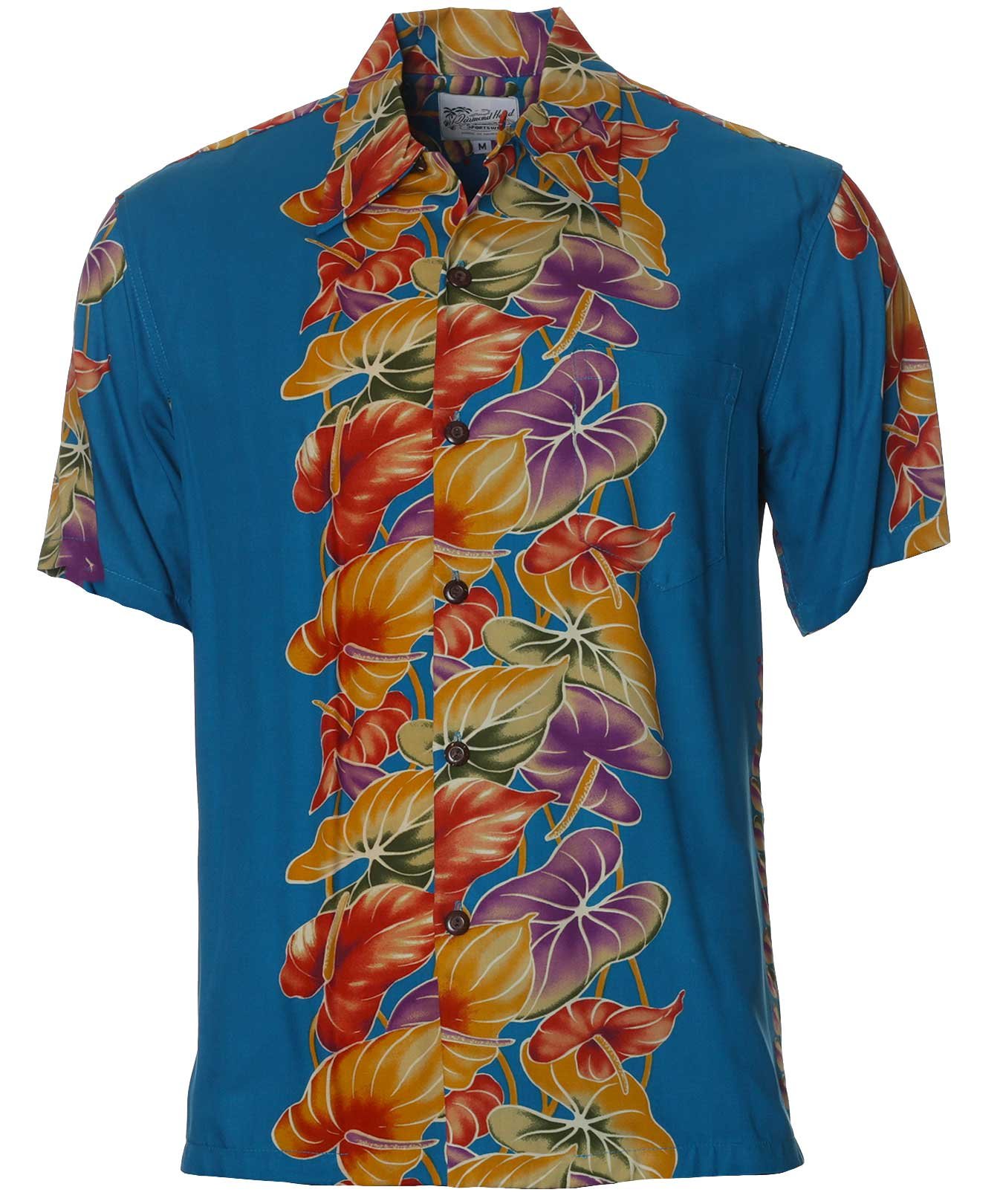 Retro Anthurium Panel Rayon Hawaiian Shirt Lagoon