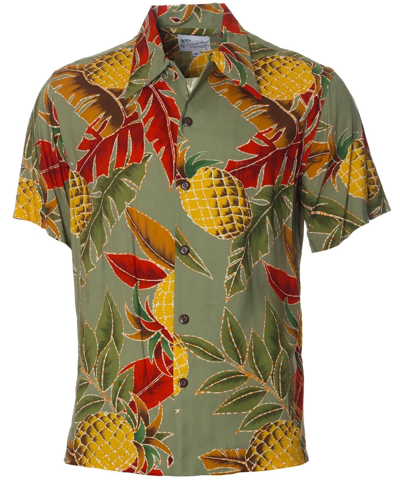 Retro Rayon Pineapples Men's Hawaiian Shirt Olive