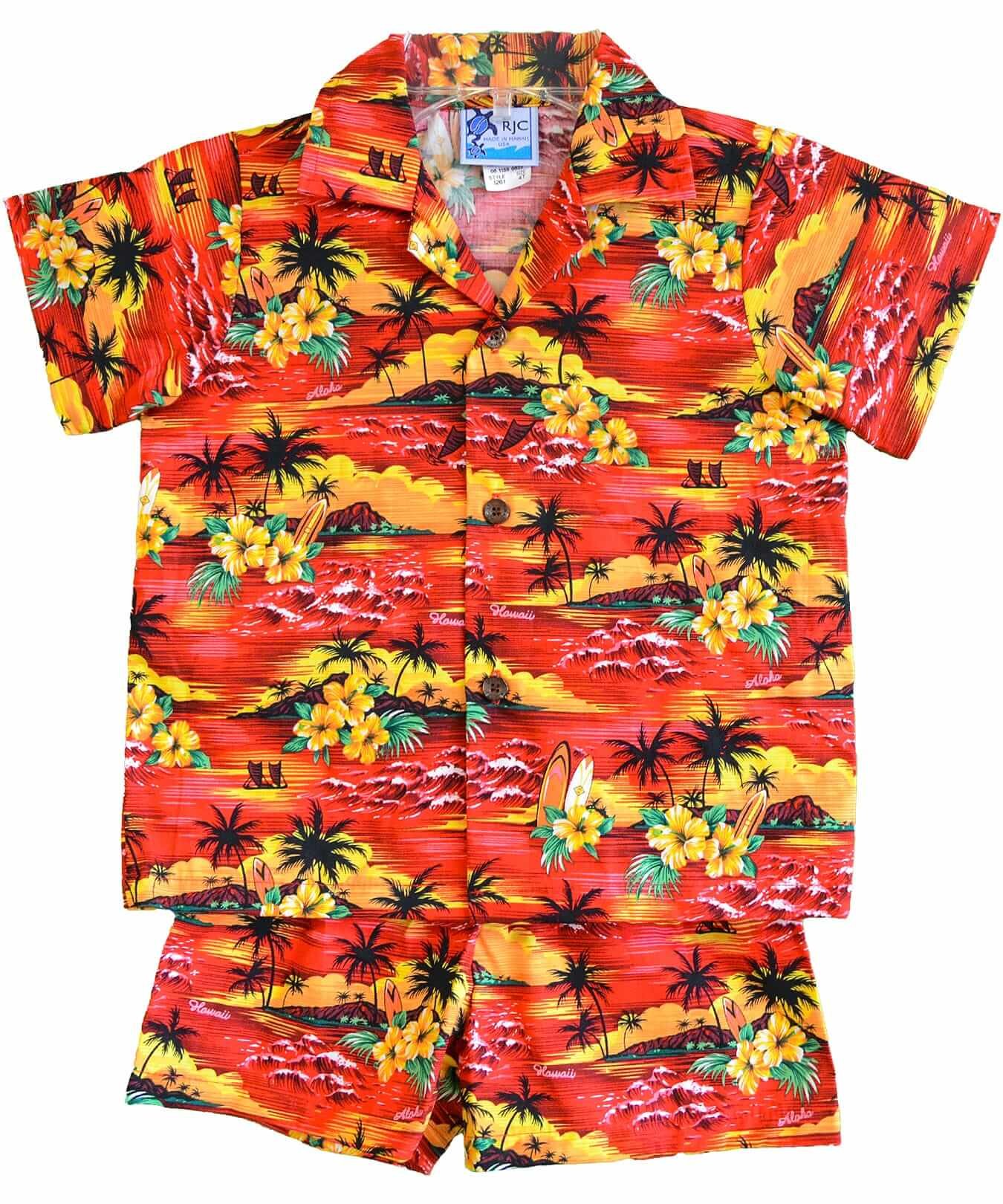 with coconut buttons made in Hawaii. Red