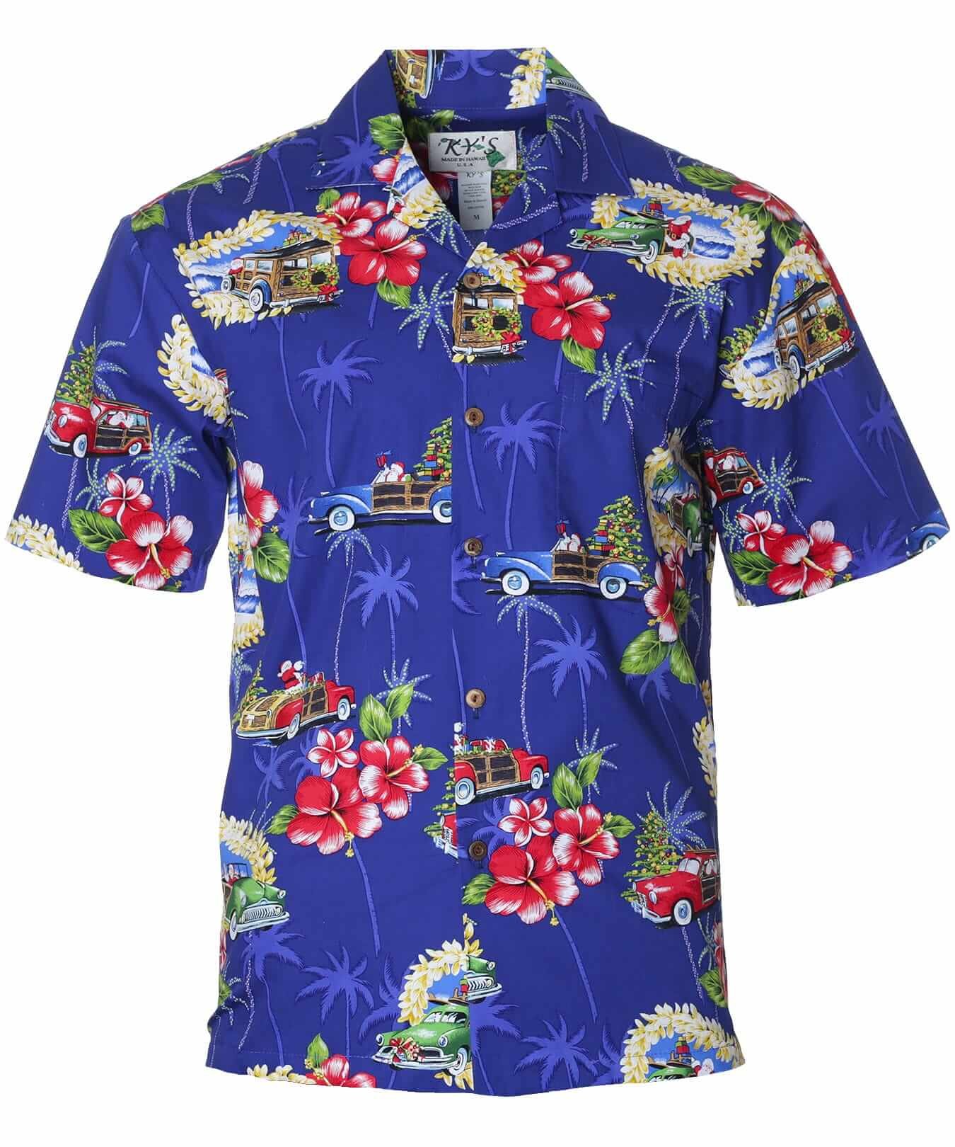 Santa Riding Woody Aloha Men's Shirt Royal Blue
