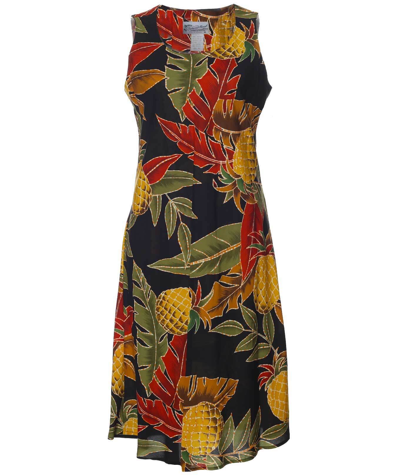 Retro Pineapples Rayon Midi Knee Length Dress Midnight