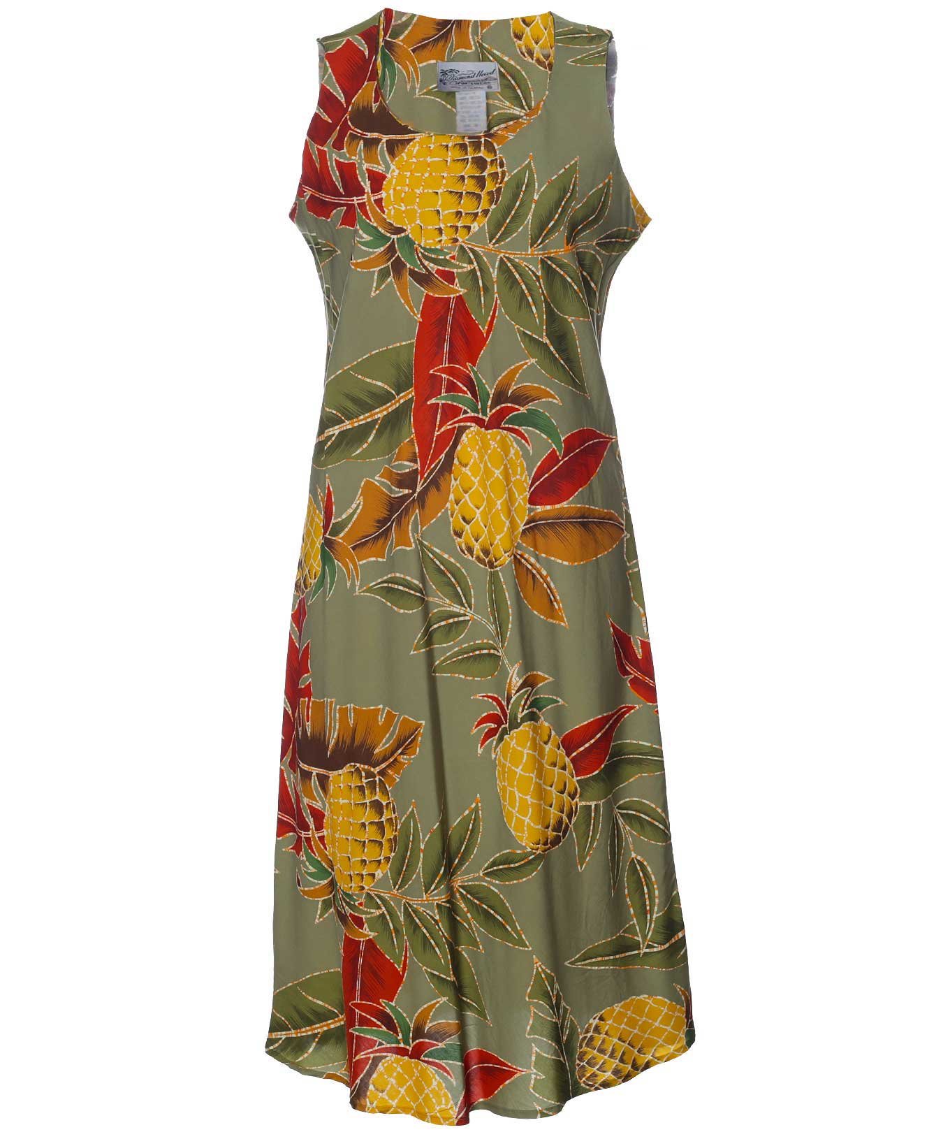 Retro Pineapples Rayon Midi Knee Length Dress Olive