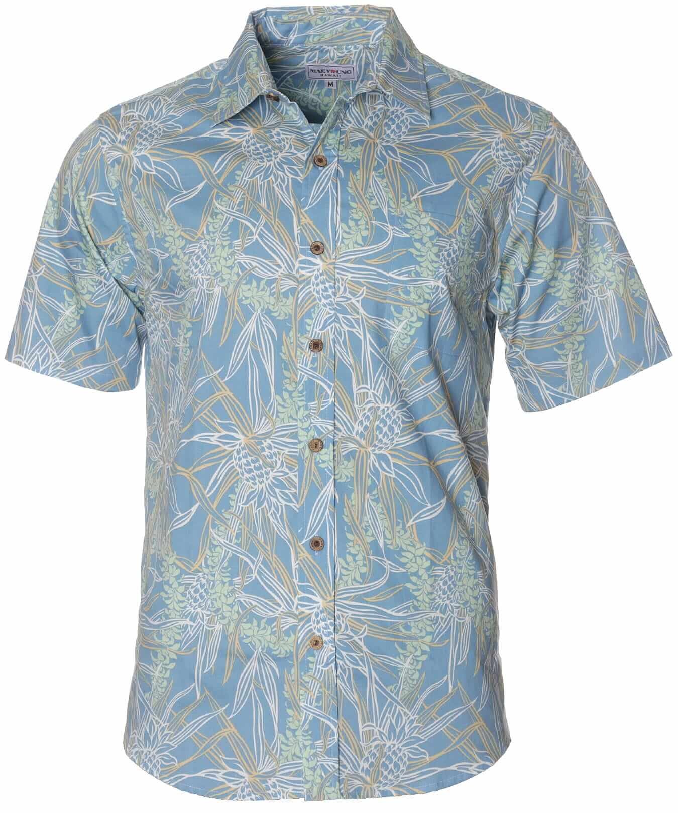 100% Cotton Resort Pineapples Aloha Shirt Light Blue