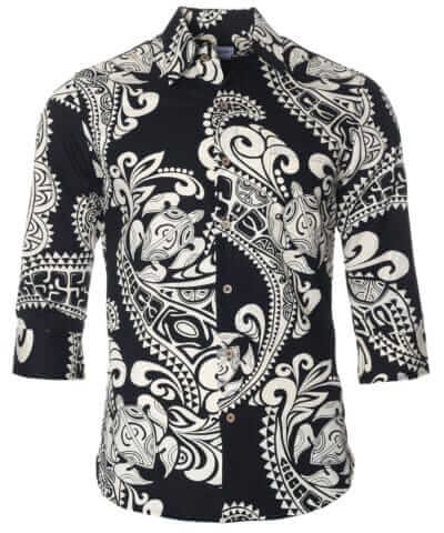 Polynesian 3/4 Sleeves Cotton Tribal Shirt Black