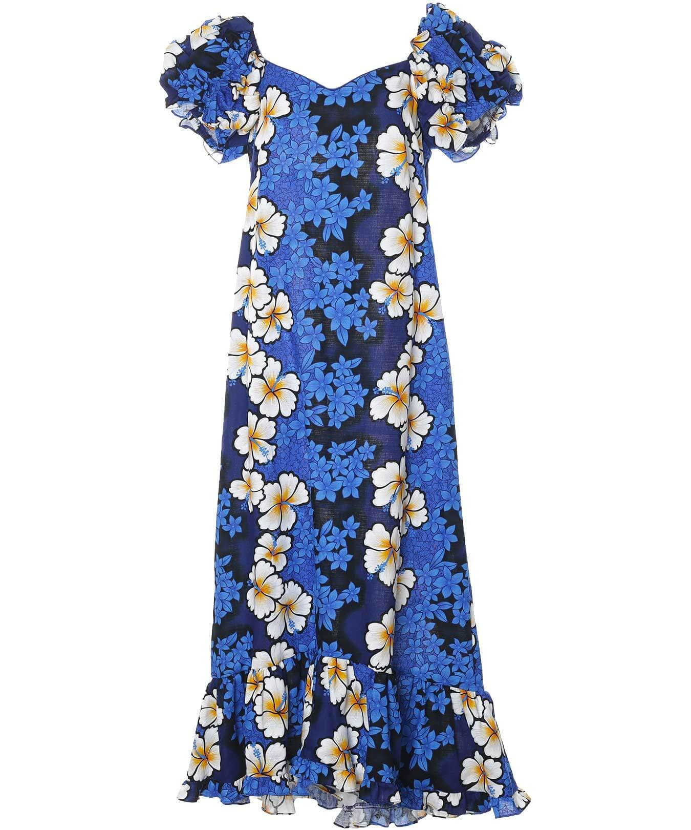 Long Muumuu Cotton Dobby Dress with Sleeves Royal Blue