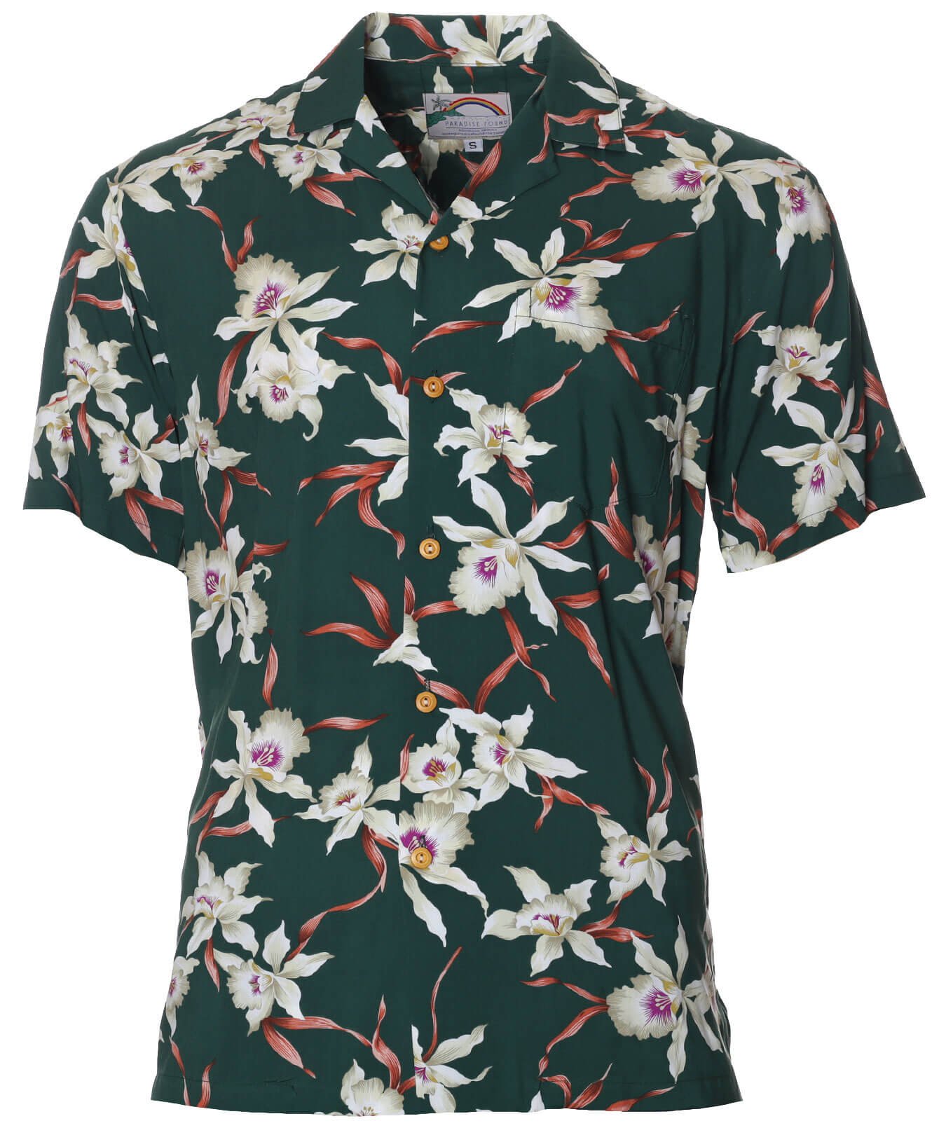 Rayon Forest Green Star Orchid Aloha Shirt Forest Green