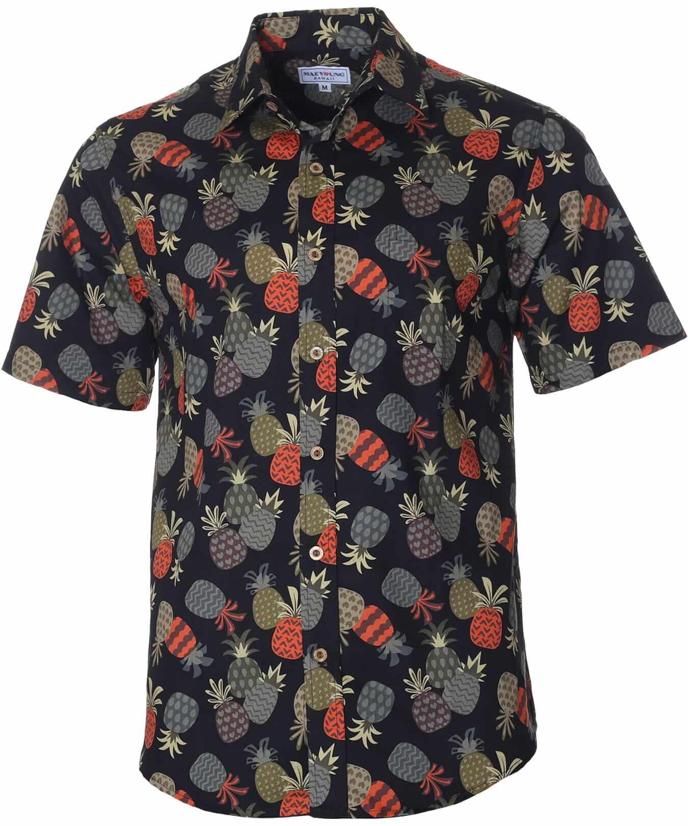 Pineapples Cotton Men Button-Up Aloha Shirt Black