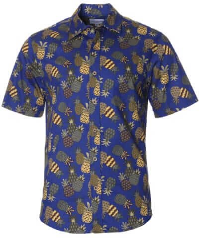 Pineapples Cotton Men Button-Up Aloha Shirt Navy