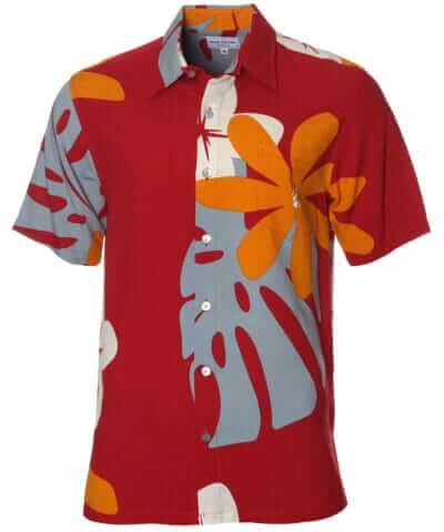 Tiare Monstera Men's Button Up Aloha Shirt Red
