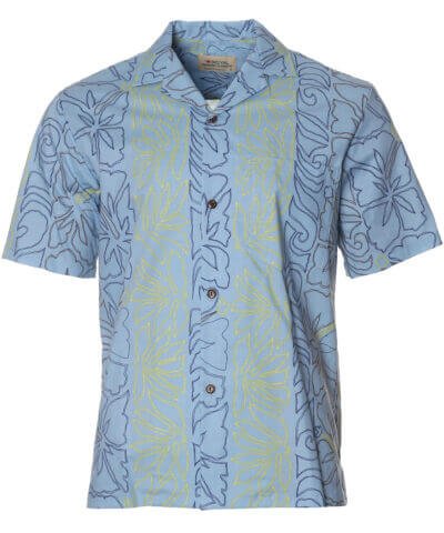 Aloha Leis Cotton Men's Sketch Aloha Shirt Light Blue