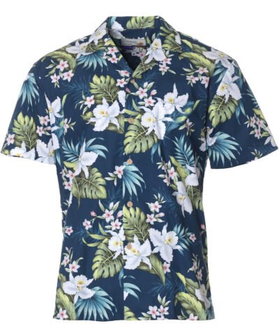 Relax Fit Cattleya Cotton Hawaiian Shirt Navy Blue
