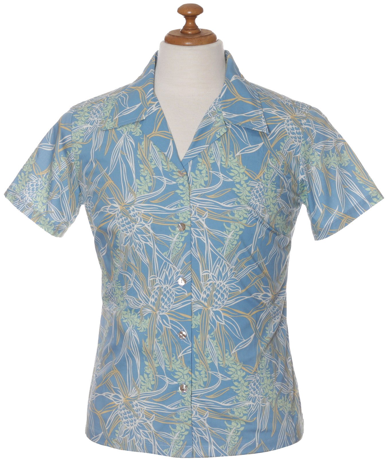 Pineapples Cotton Women Fitted Aloha Shirt Light Blue